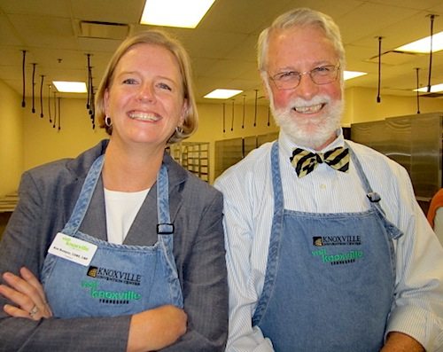 Kim Bumpas of Visit Knoxville with City Councilman Finbarr Saunders at Biscuitfest. (Blue Streak photo)